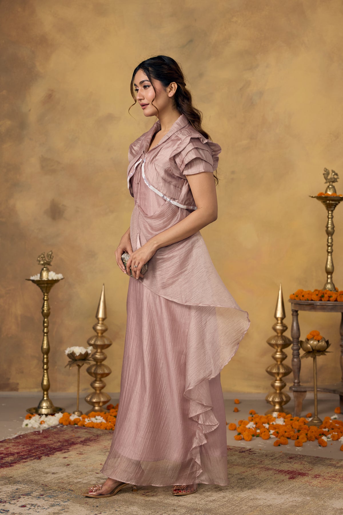 Rose Pink Embellished Shimmer Tissue Silk Dress
