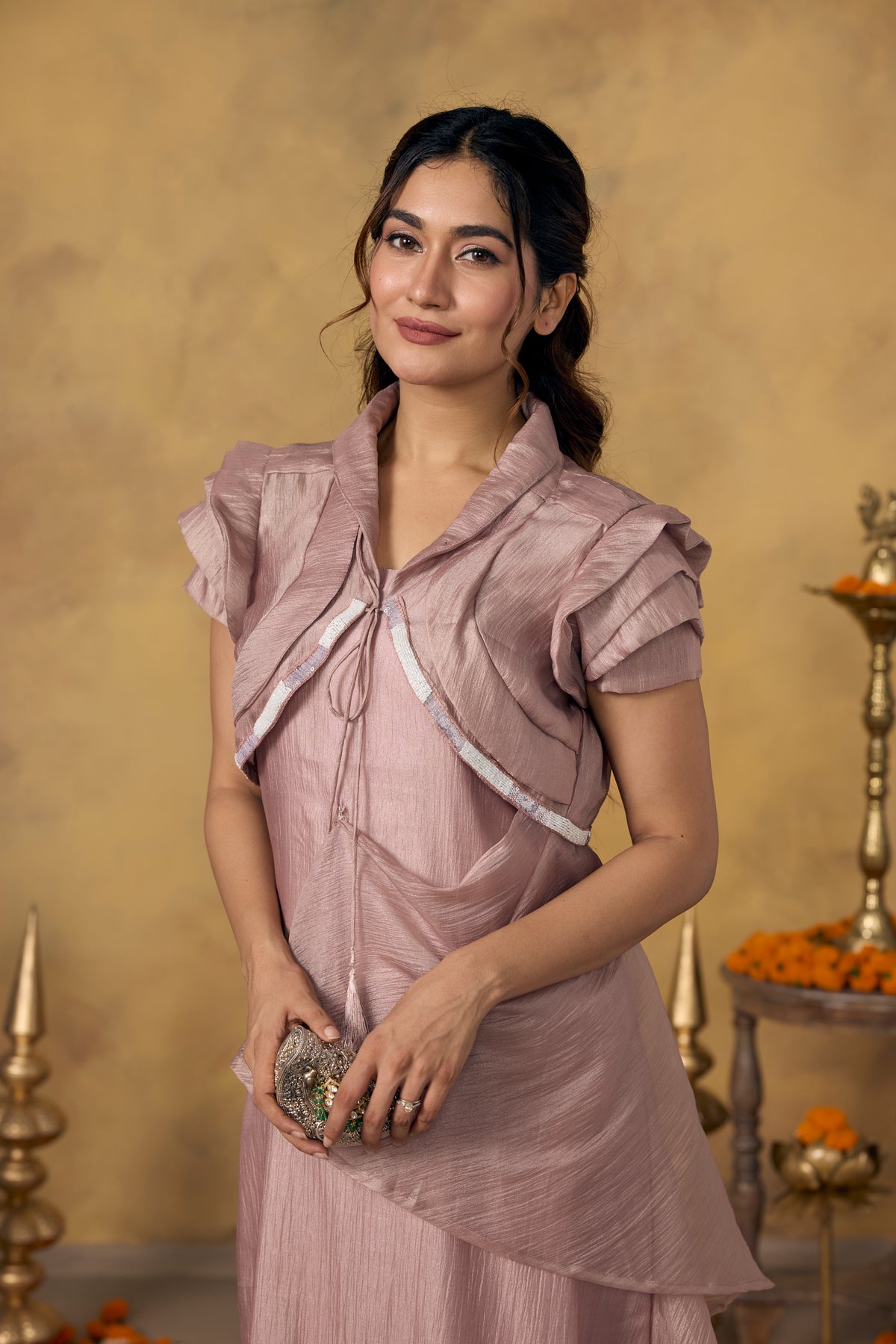 Rose Pink Embellished Shimmer Tissue Silk Dress