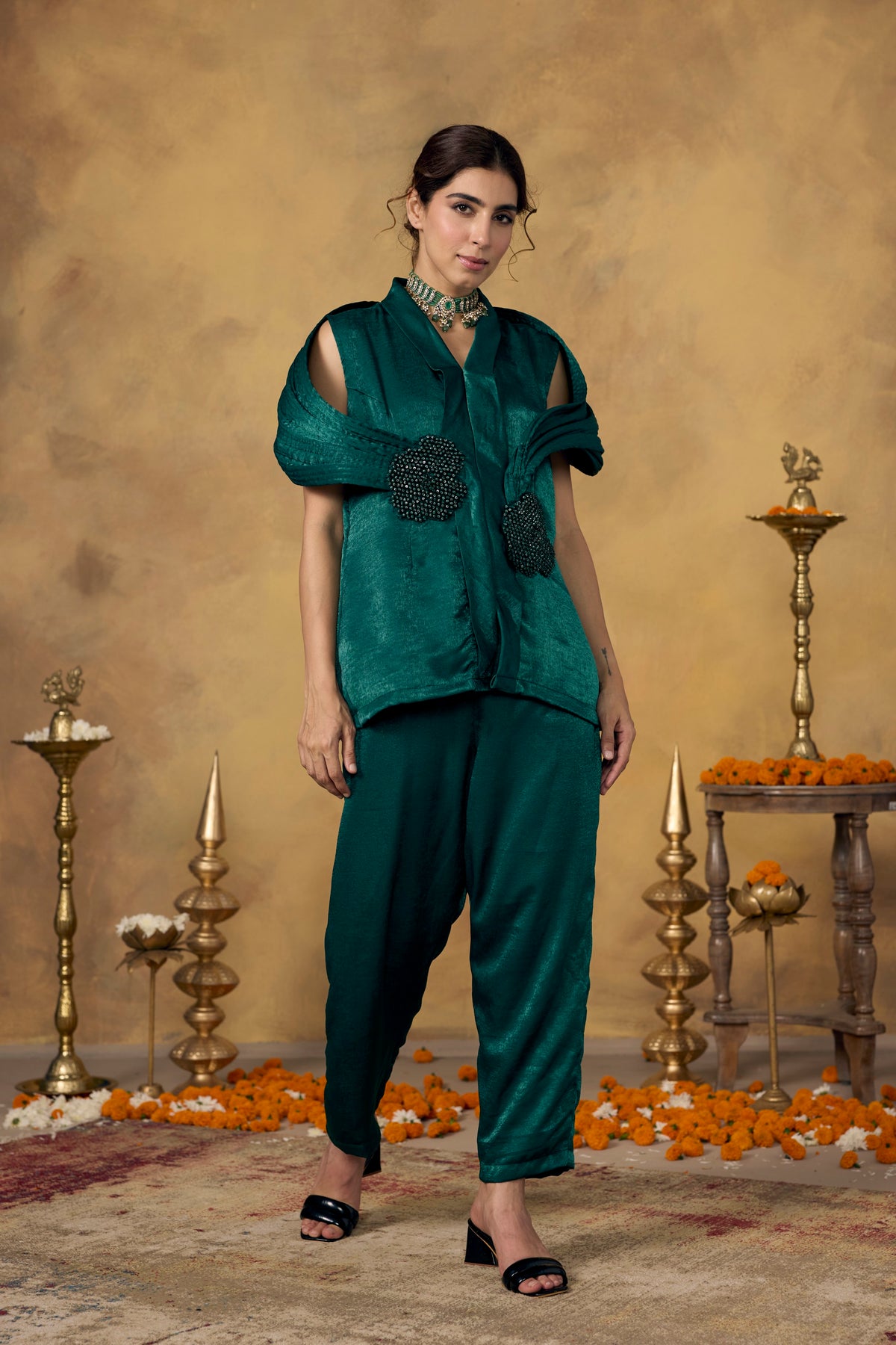 Emerald Green Embellished Premium Silk Co-Ord Set