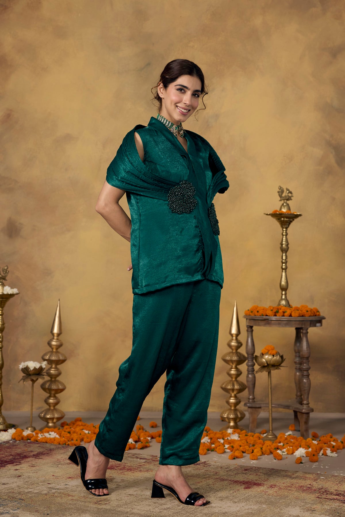 Emerald Green Embellished Premium Silk Co-Ord Set
