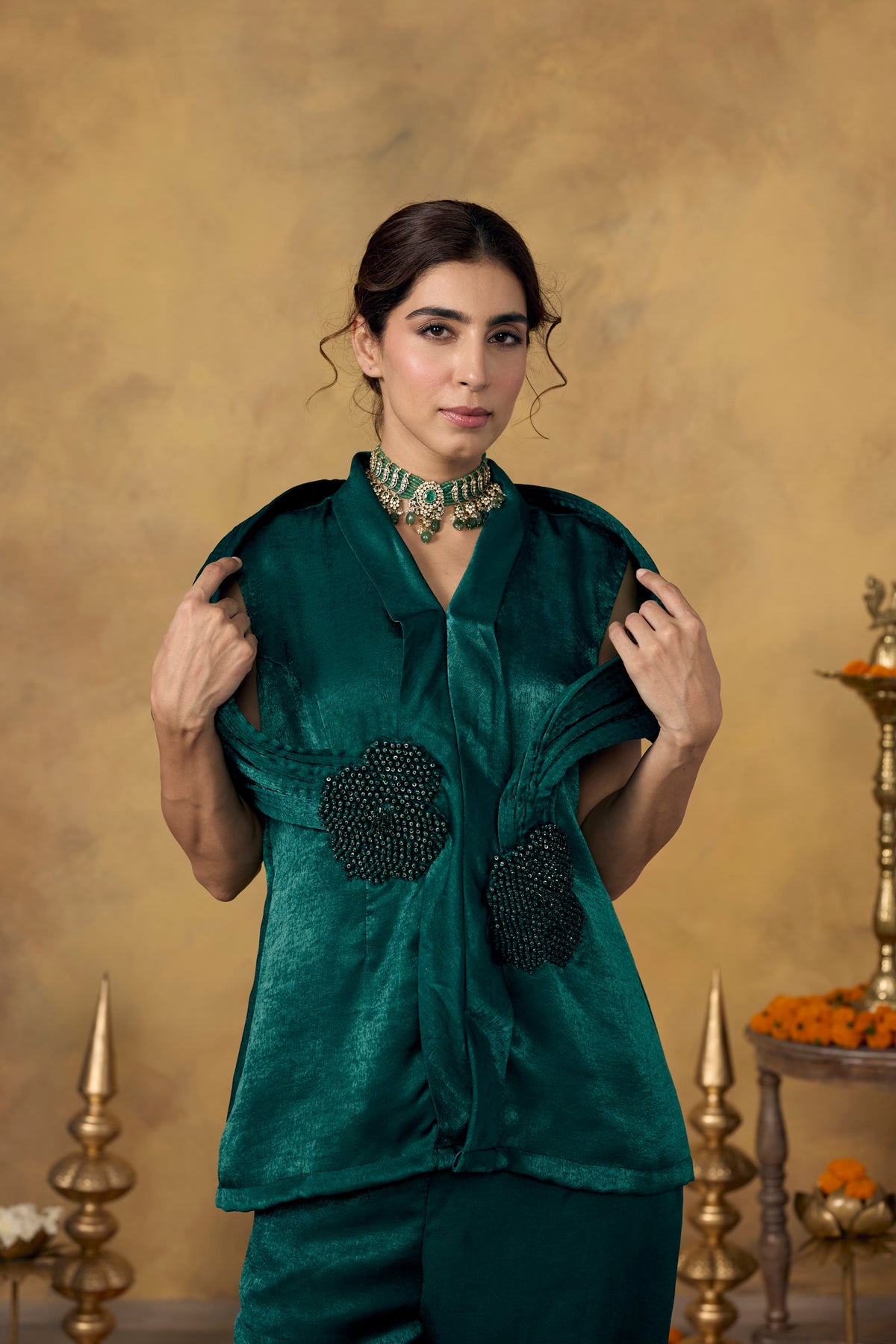Emerald Green Embellished Premium Silk Co-Ord Set