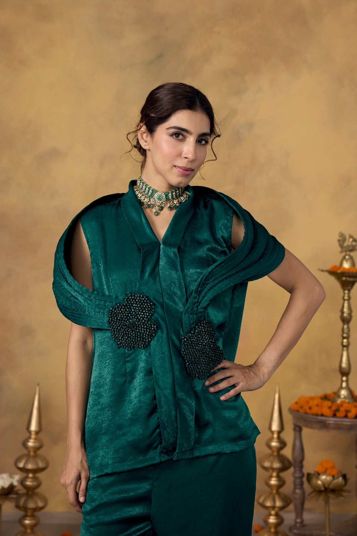 Emerald Green Embellished Premium Silk Co-Ord Set