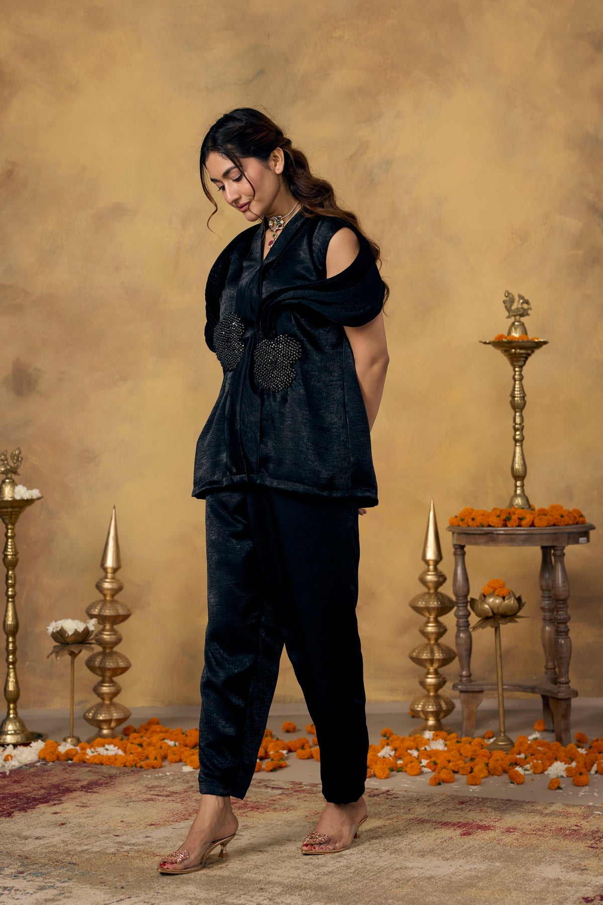 Coal Black Embellished Premium Silk Co-Ord Set
