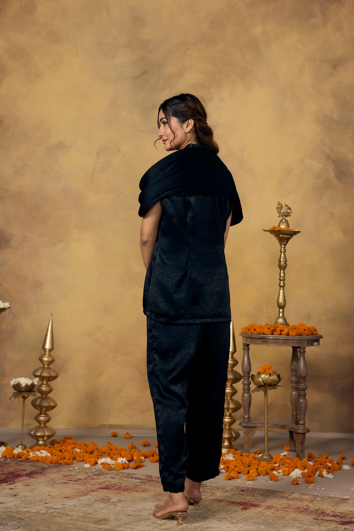 Coal Black Embellished Premium Silk Co-Ord Set