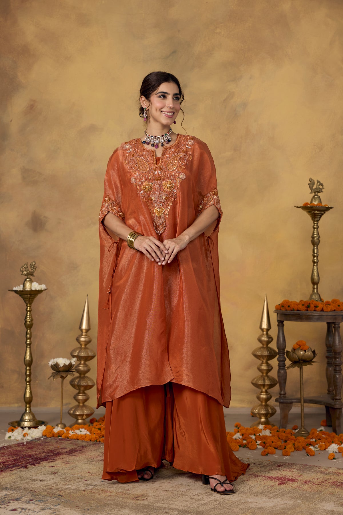 Rust Orange Embellished Shimmer Silk Kaftan Set