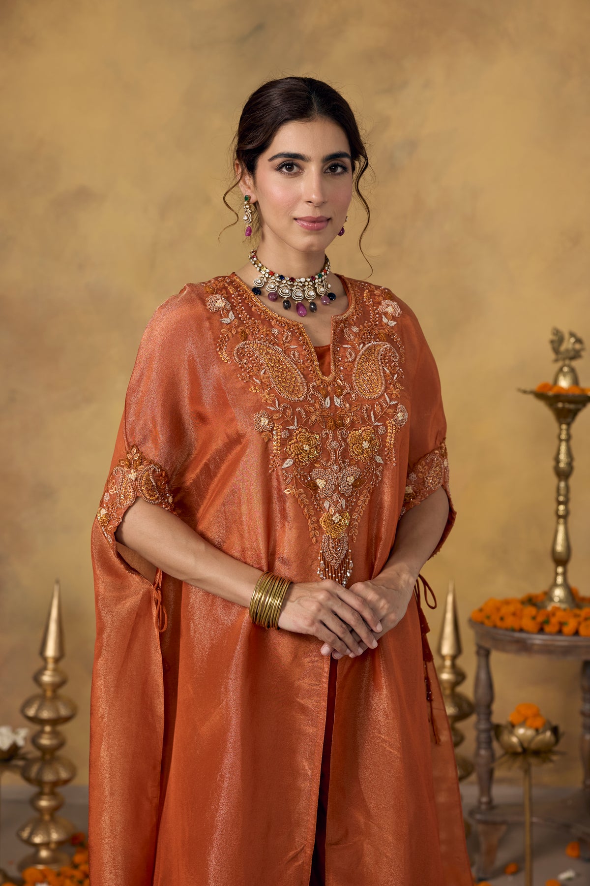 Rust Orange Embellished Shimmer Silk Kaftan Set