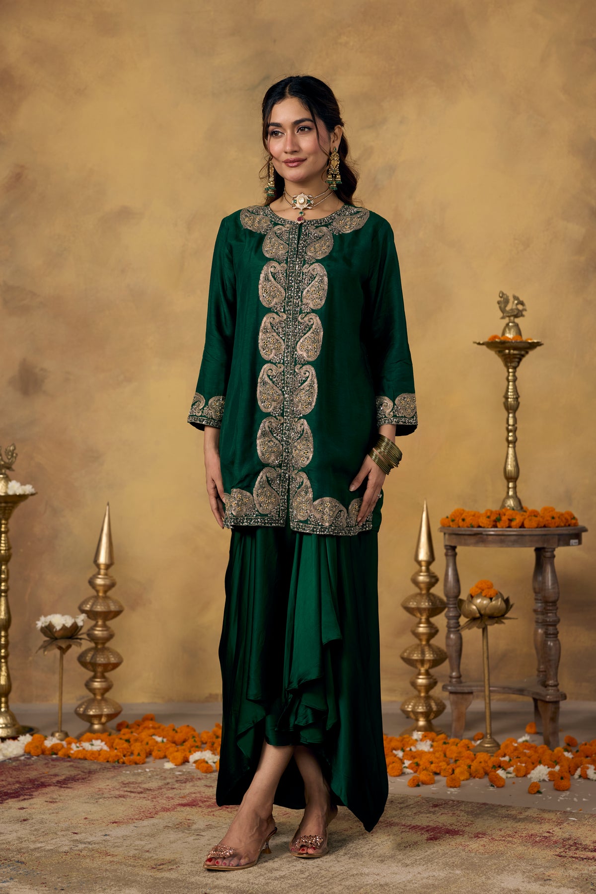 Royal Green Embellished Raw Silk Skirt Set