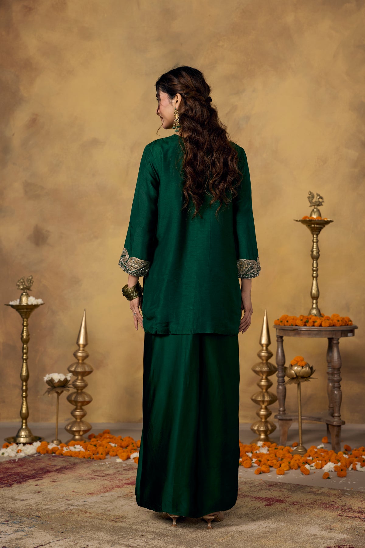 Royal Green Embellished Raw Silk Skirt Set