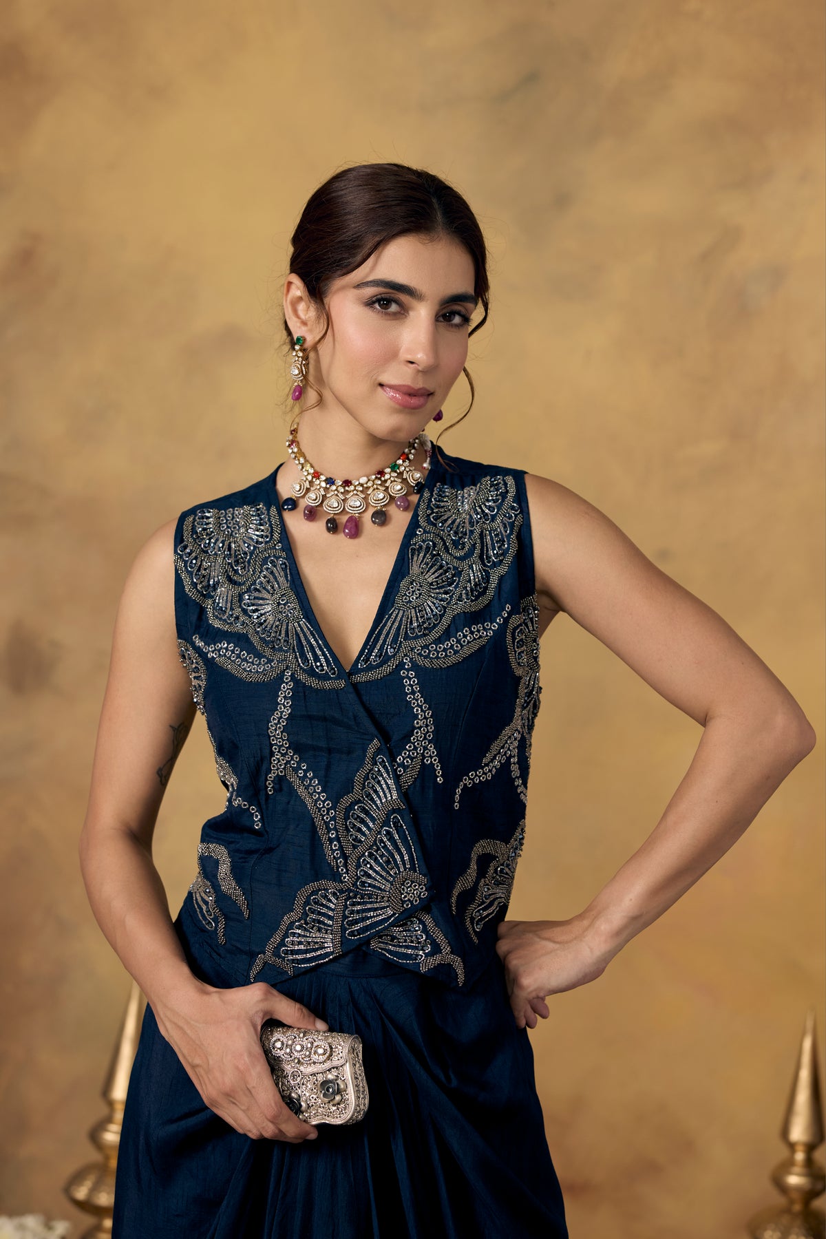 Midnight Blue Embellished Raw Silk Skirt Set
