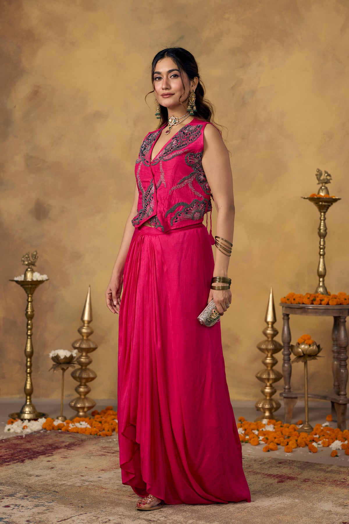 Hot Pink Embellished Raw Silk Skirt Set