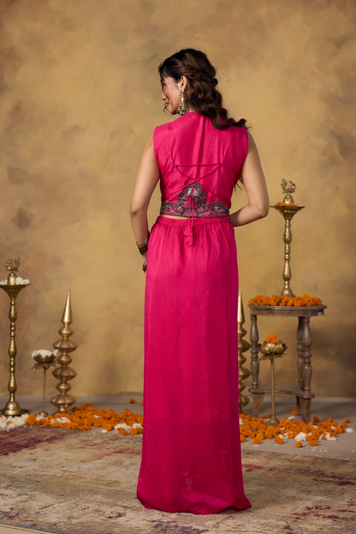 Hot Pink Embellished Raw Silk Skirt Set