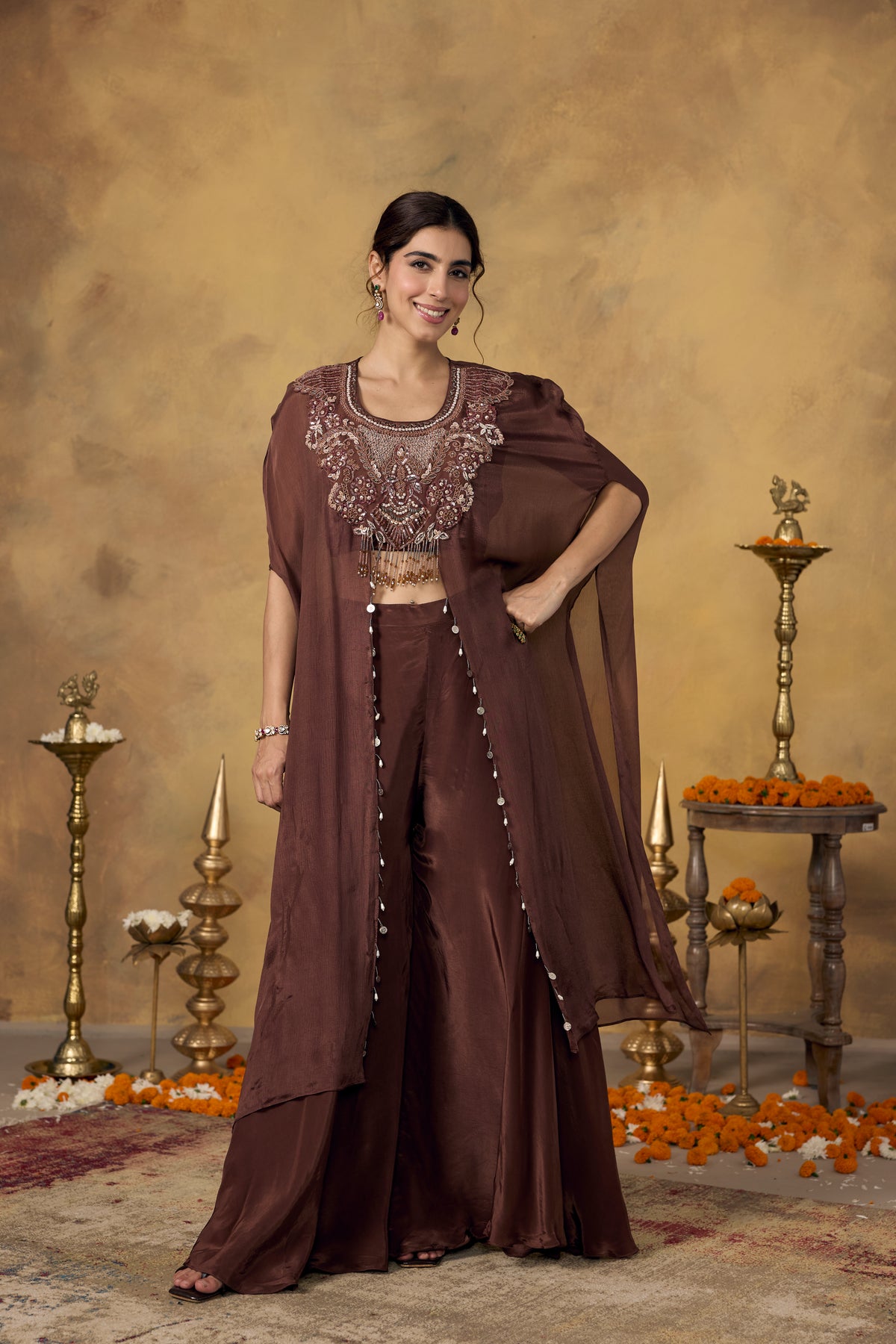 Chocolate Brown Embellished Chinon Silk Kaftan Set