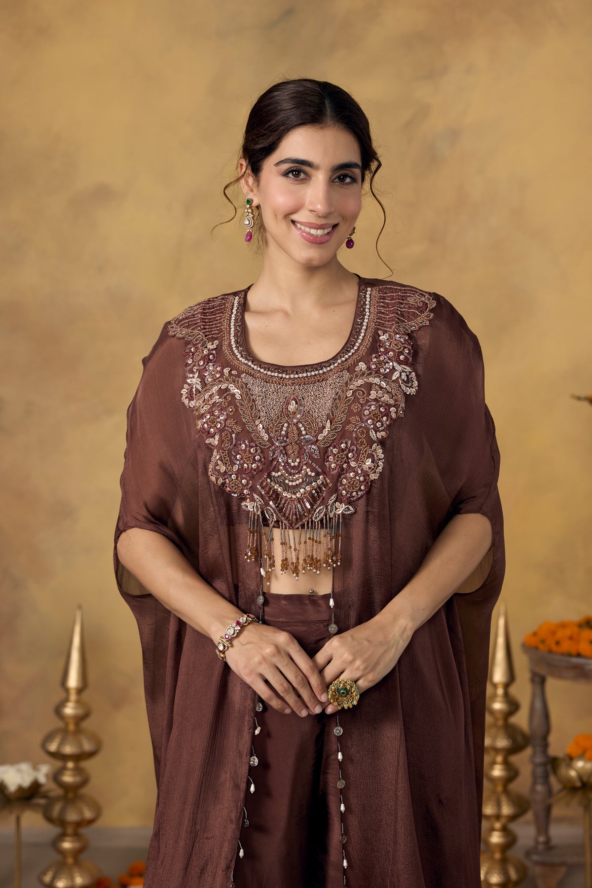 Chocolate Brown Embellished Chinon Silk Kaftan Set