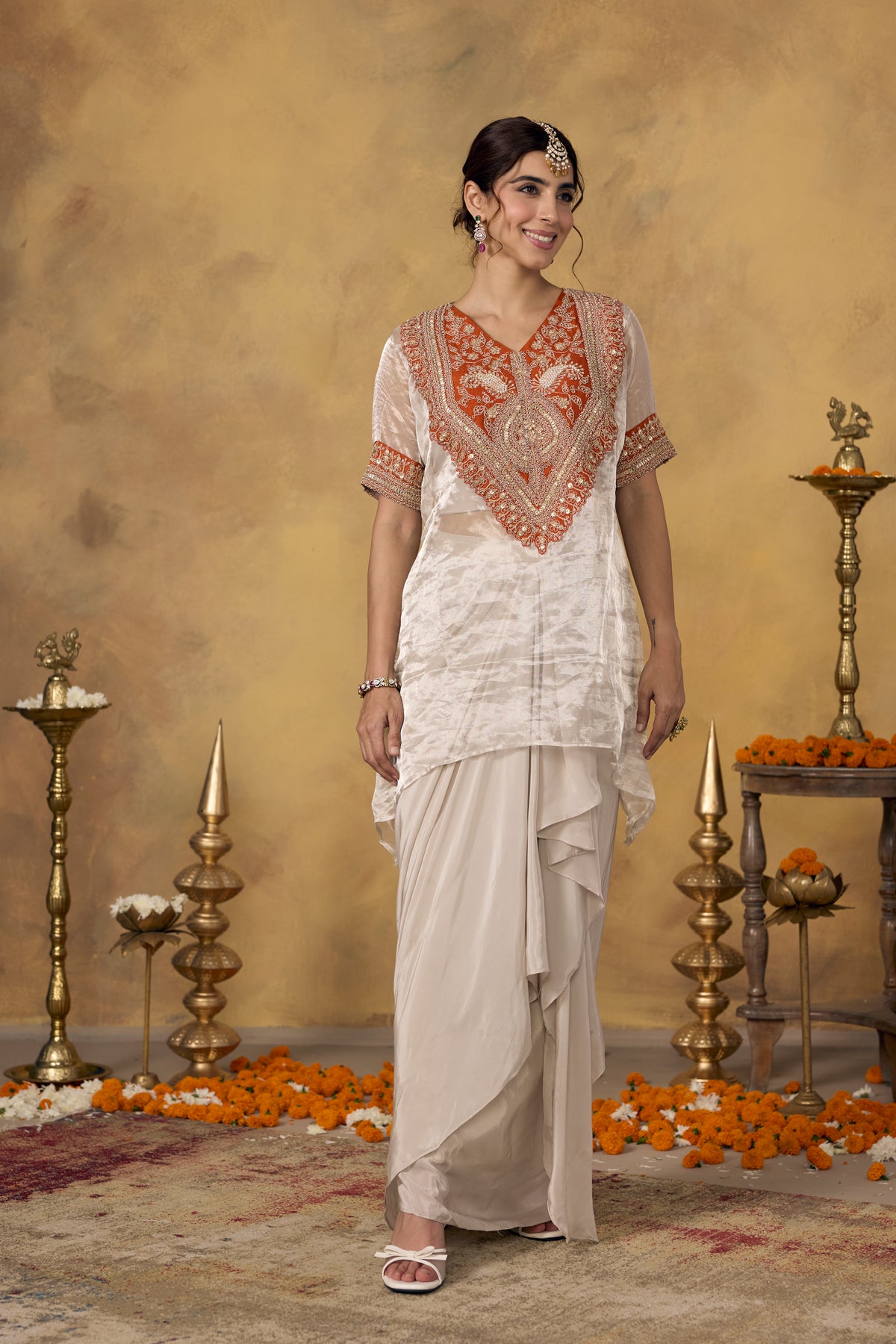 Champagne Orange Embellished Crepe Silk Skirt Set