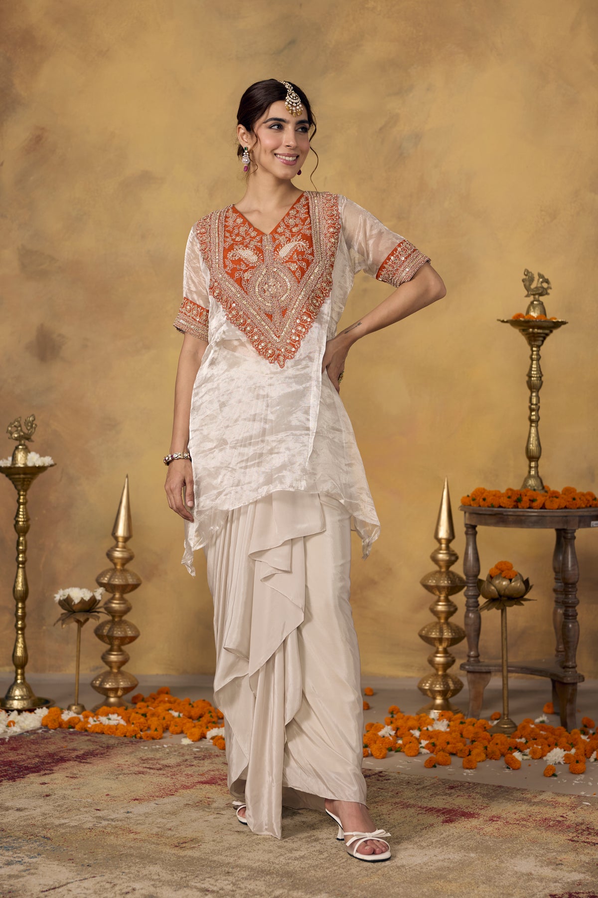 Champagne Orange Embellished Crepe Silk Skirt Set