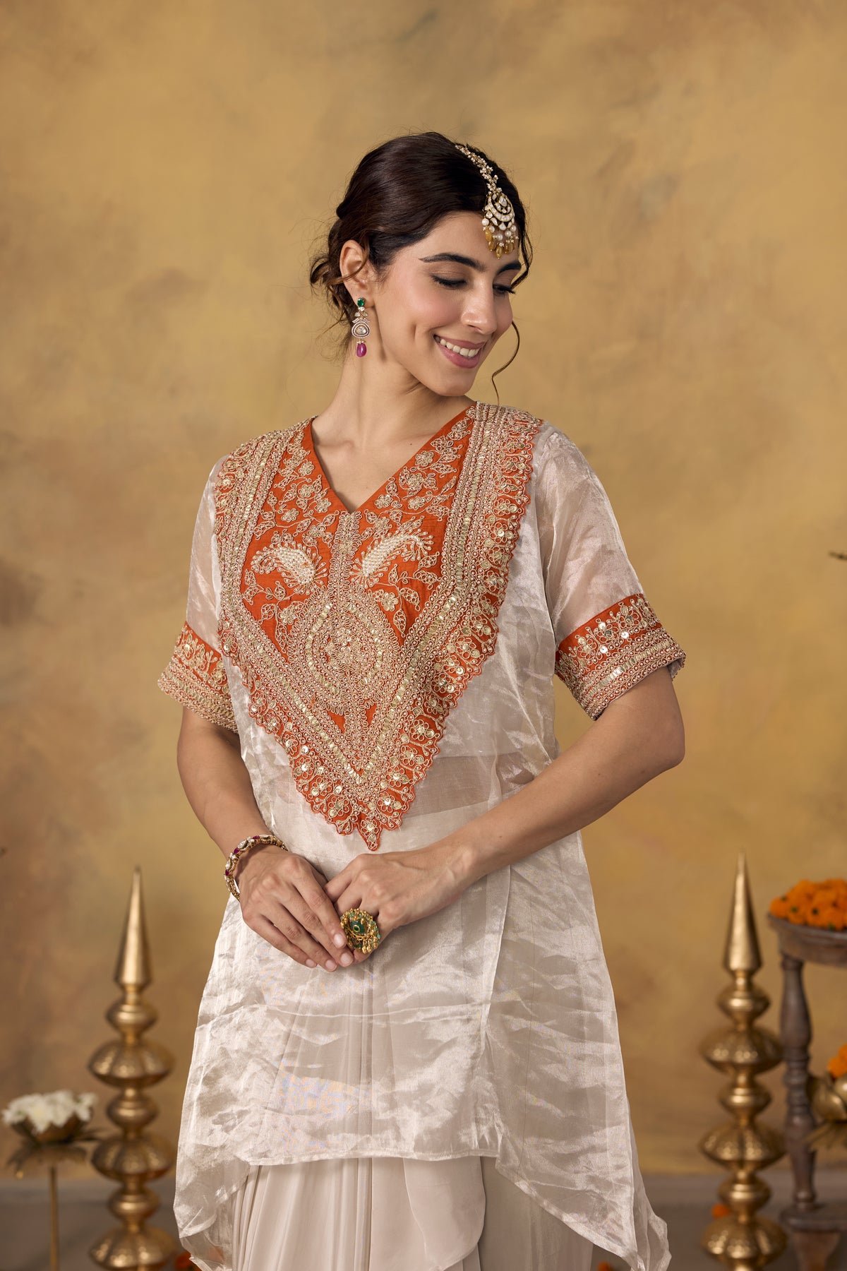 Champagne Orange Embellished Crepe Silk Skirt Set