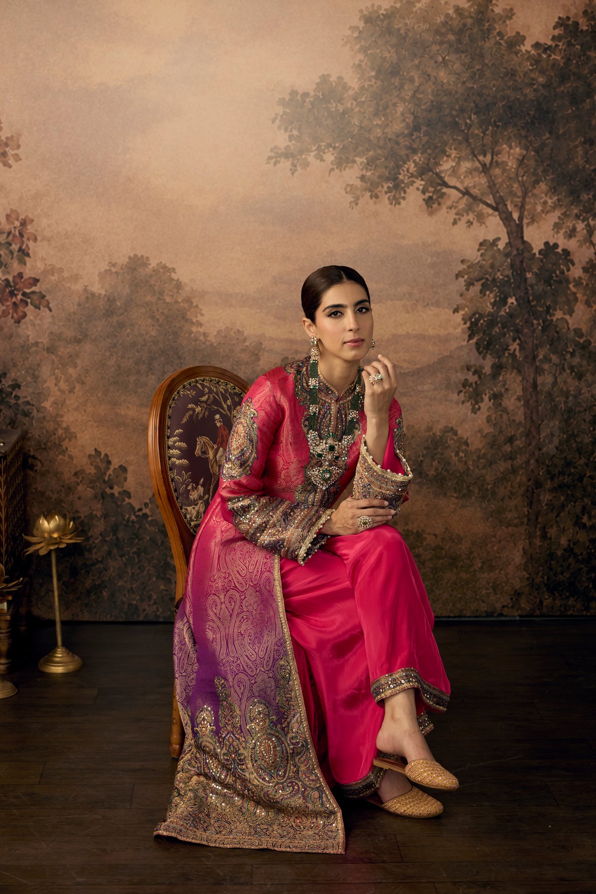 Ombre Pink Embellished Banarasi Brocade Silk Pant Set