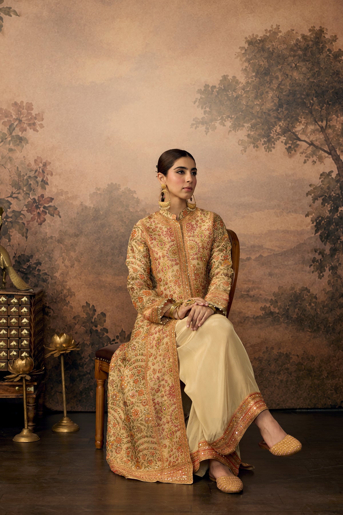 Gold & Beige Embellished Banarasi Brocade Palazzo Set