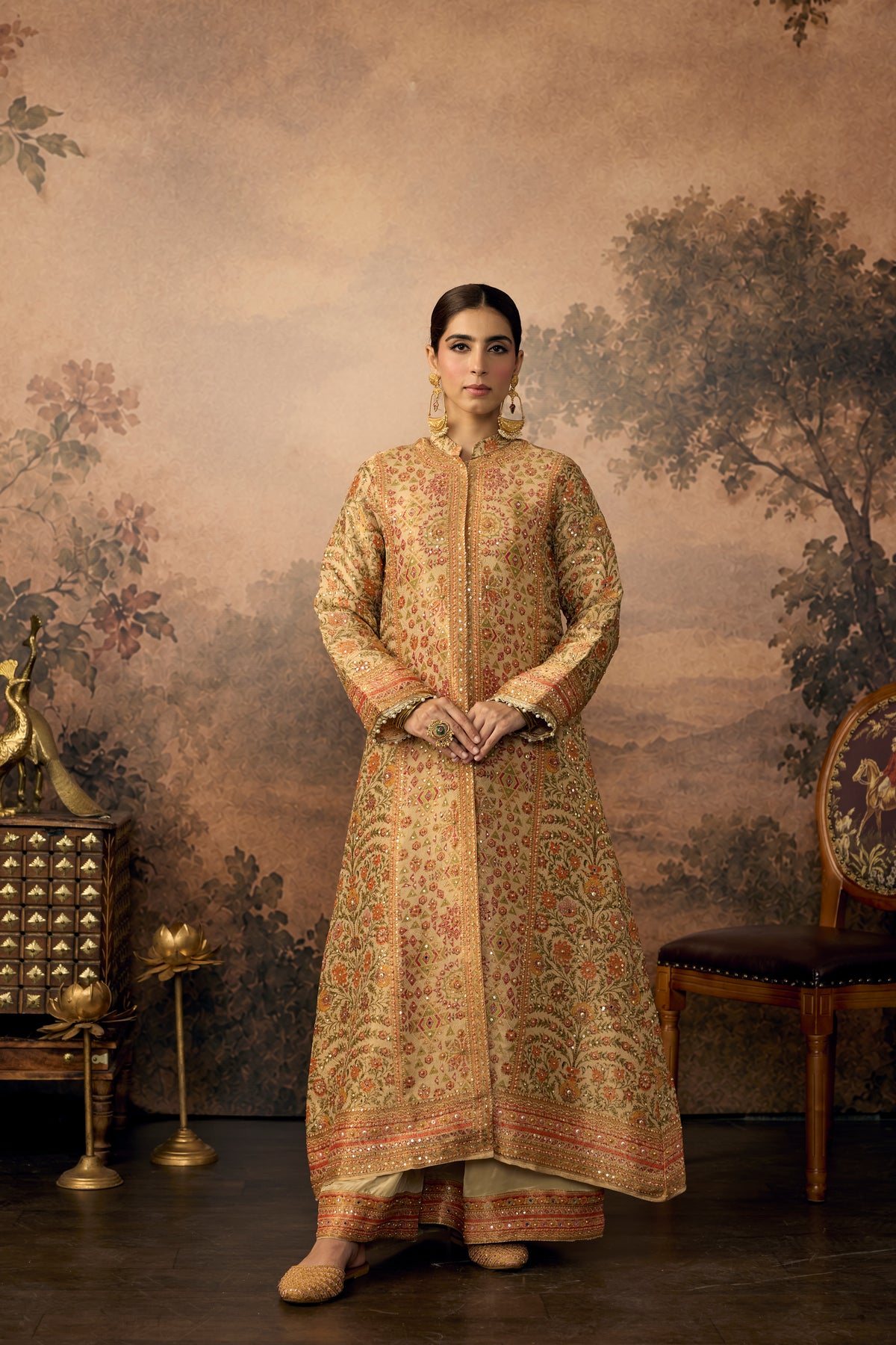 Gold & Beige Embellished Banarasi Brocade Palazzo Set