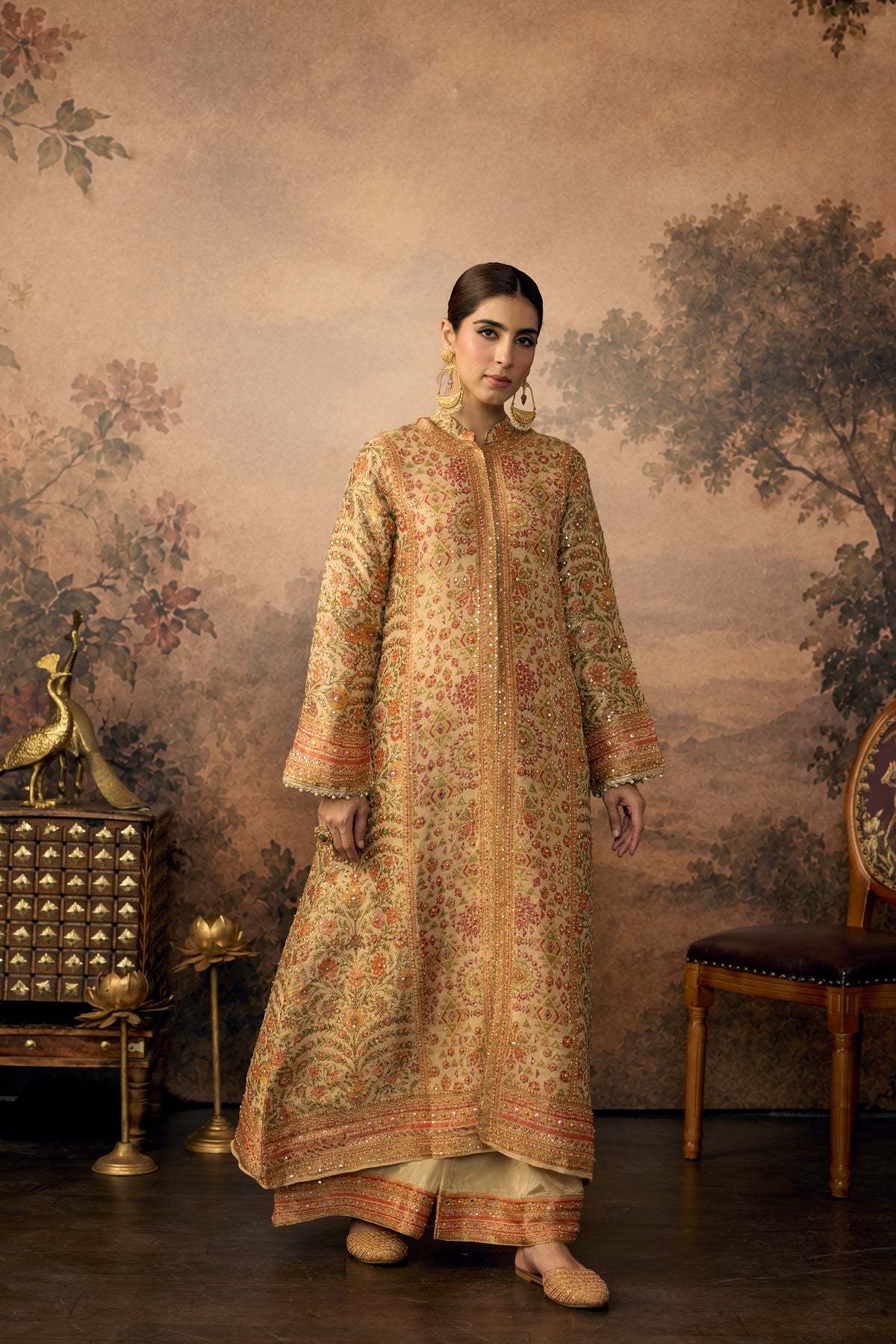 Gold & Beige Embellished Banarasi Brocade Palazzo Set