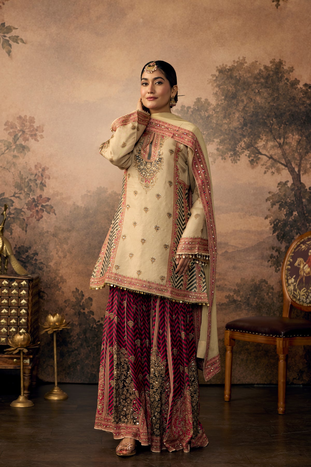 Beige Pink Embellished Shimmer Silk Sharara Set