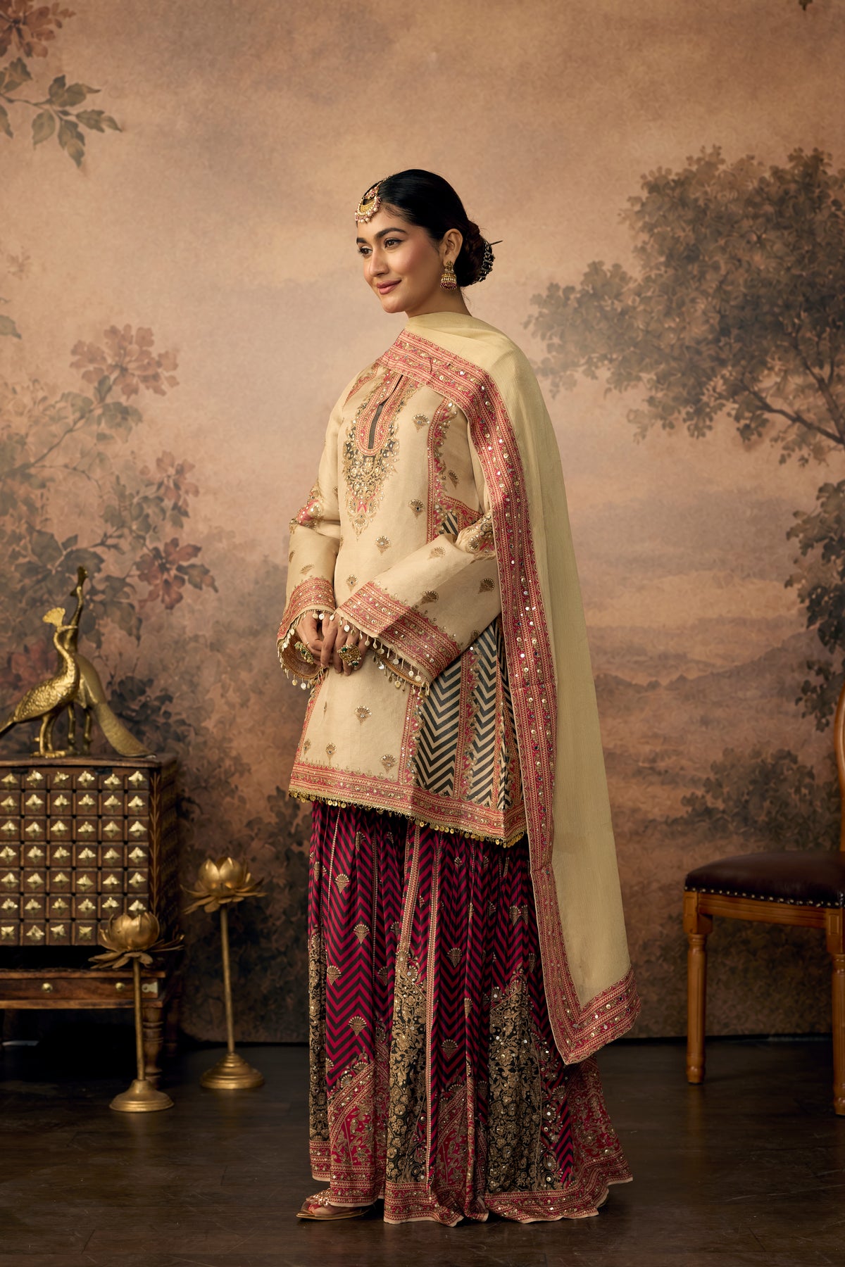 Beige Pink Embellished Shimmer Silk Sharara Set