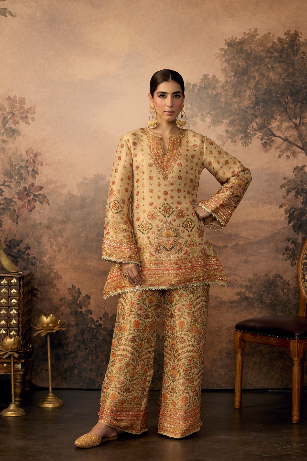 Champagne Gold Embellished Shimmer Silk Palazzo Set