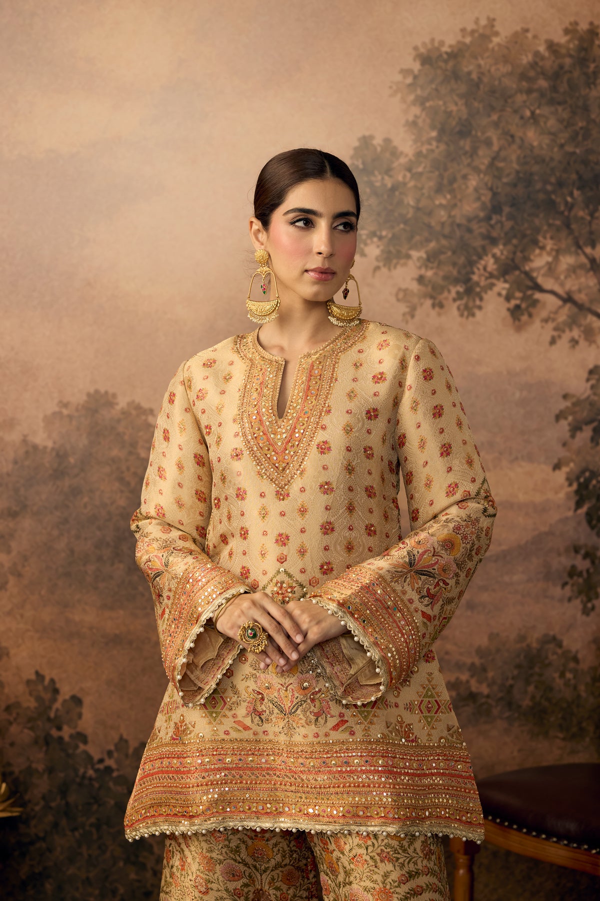Champagne Gold Embellished Shimmer Silk Palazzo Set
