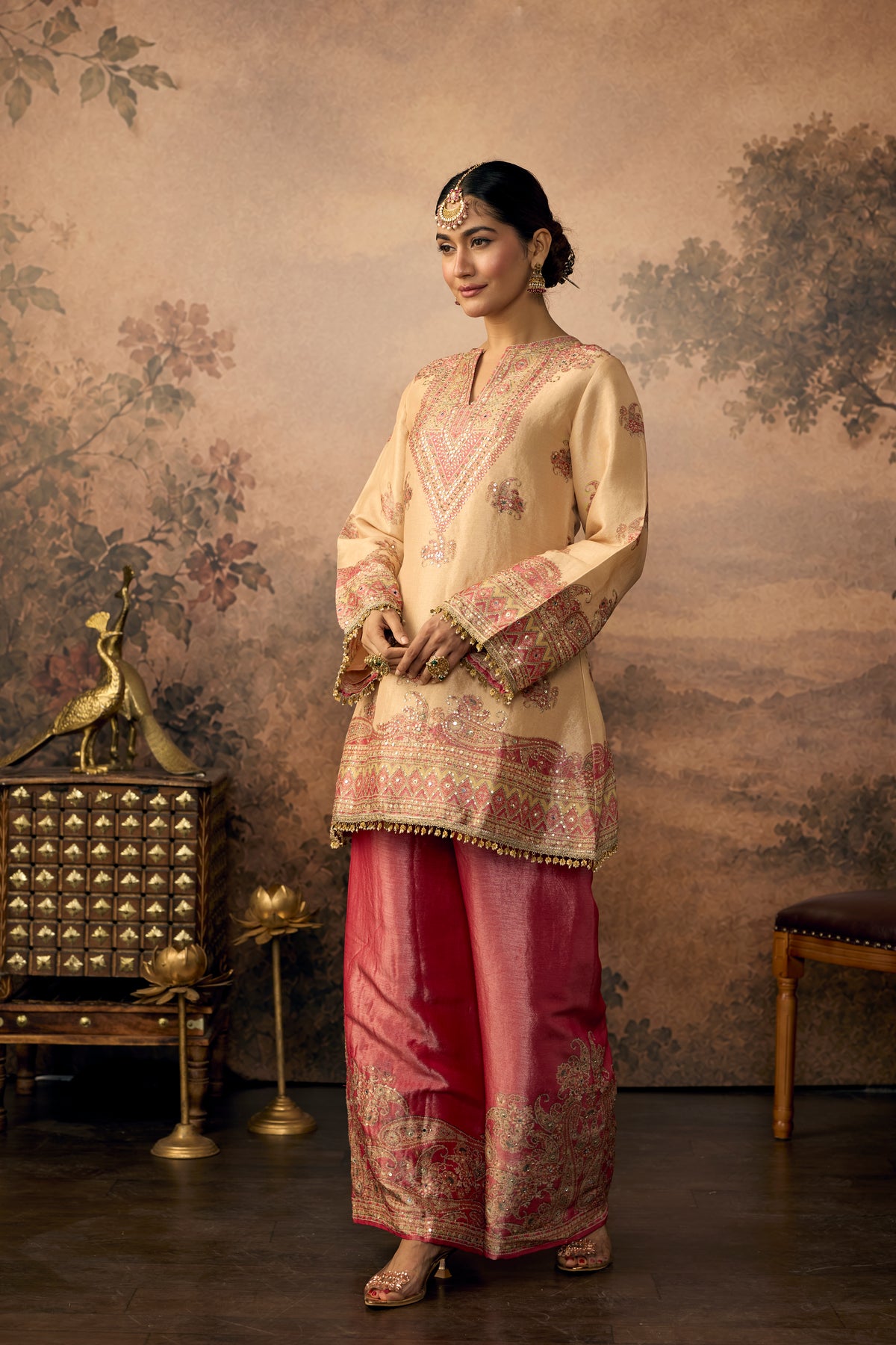 Beige Magenta Embellished Shimmer Silk Palazzo Set