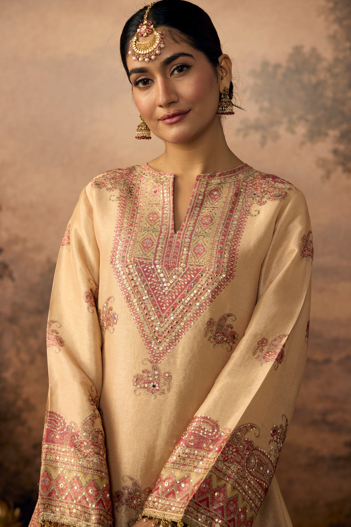 Beige Magenta Embellished Shimmer Silk Palazzo Set