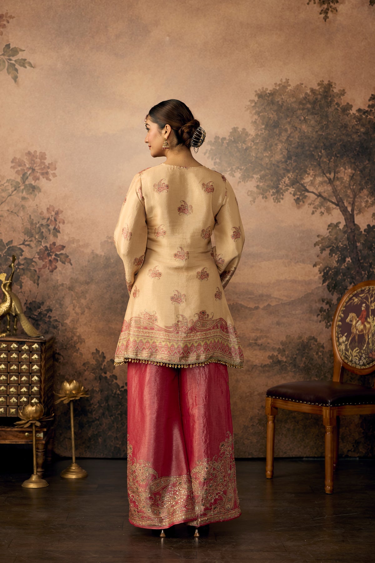 Beige Magenta Embellished Shimmer Silk Palazzo Set