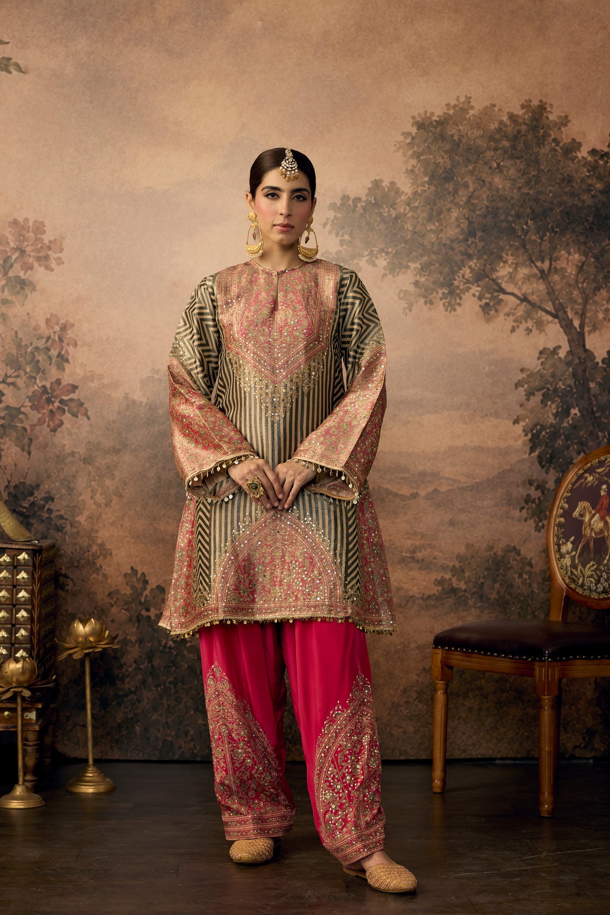 Olive Green & Pink Embellished Shimmer Silk Salwar Set