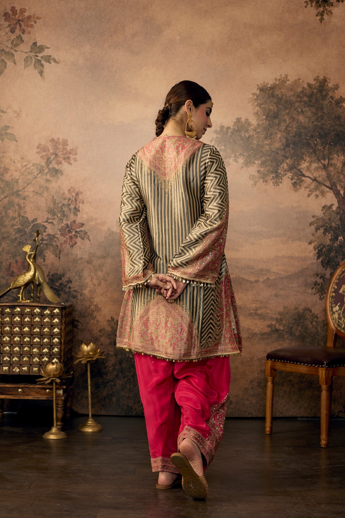 Olive Green & Pink Embellished Shimmer Silk Salwar Set