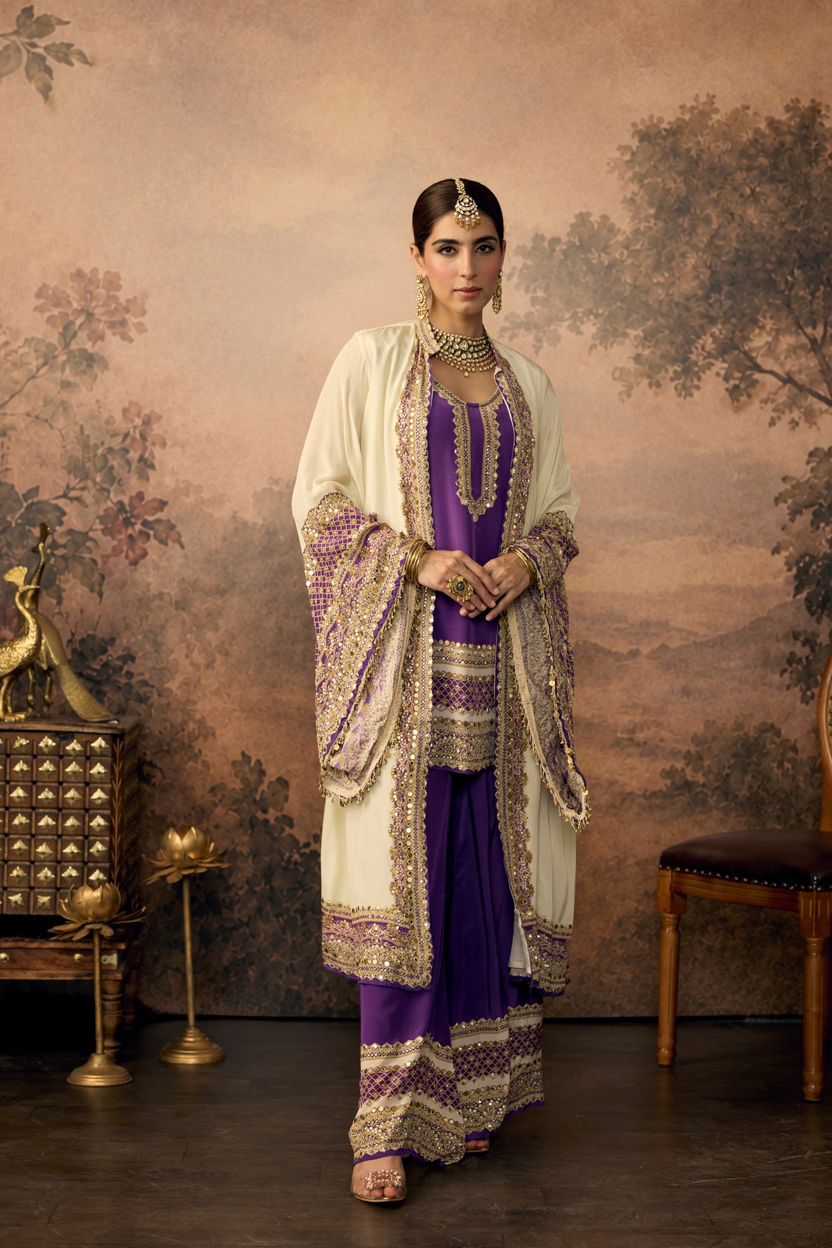 Ivory Violet Embellished Crepe Silk Palazzo Set