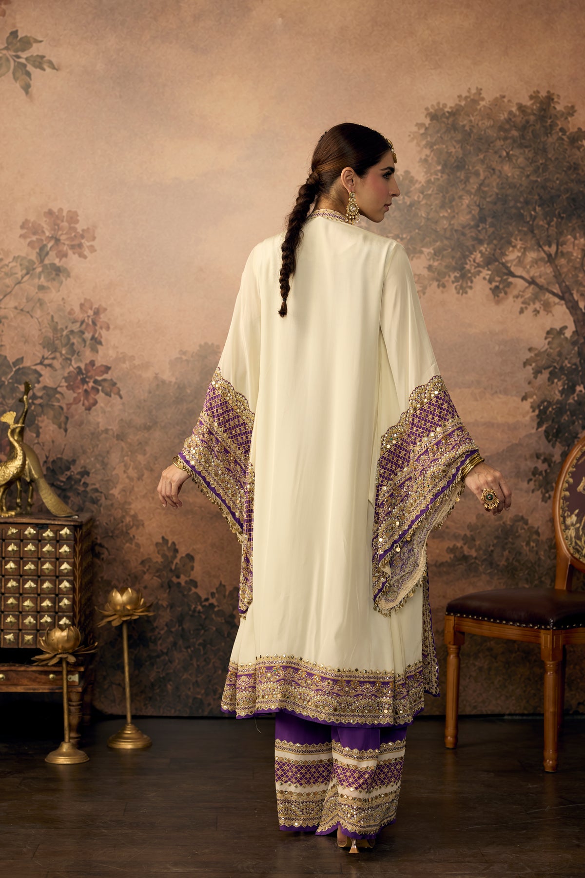 Ivory Violet Embellished Crepe Silk Palazzo Set