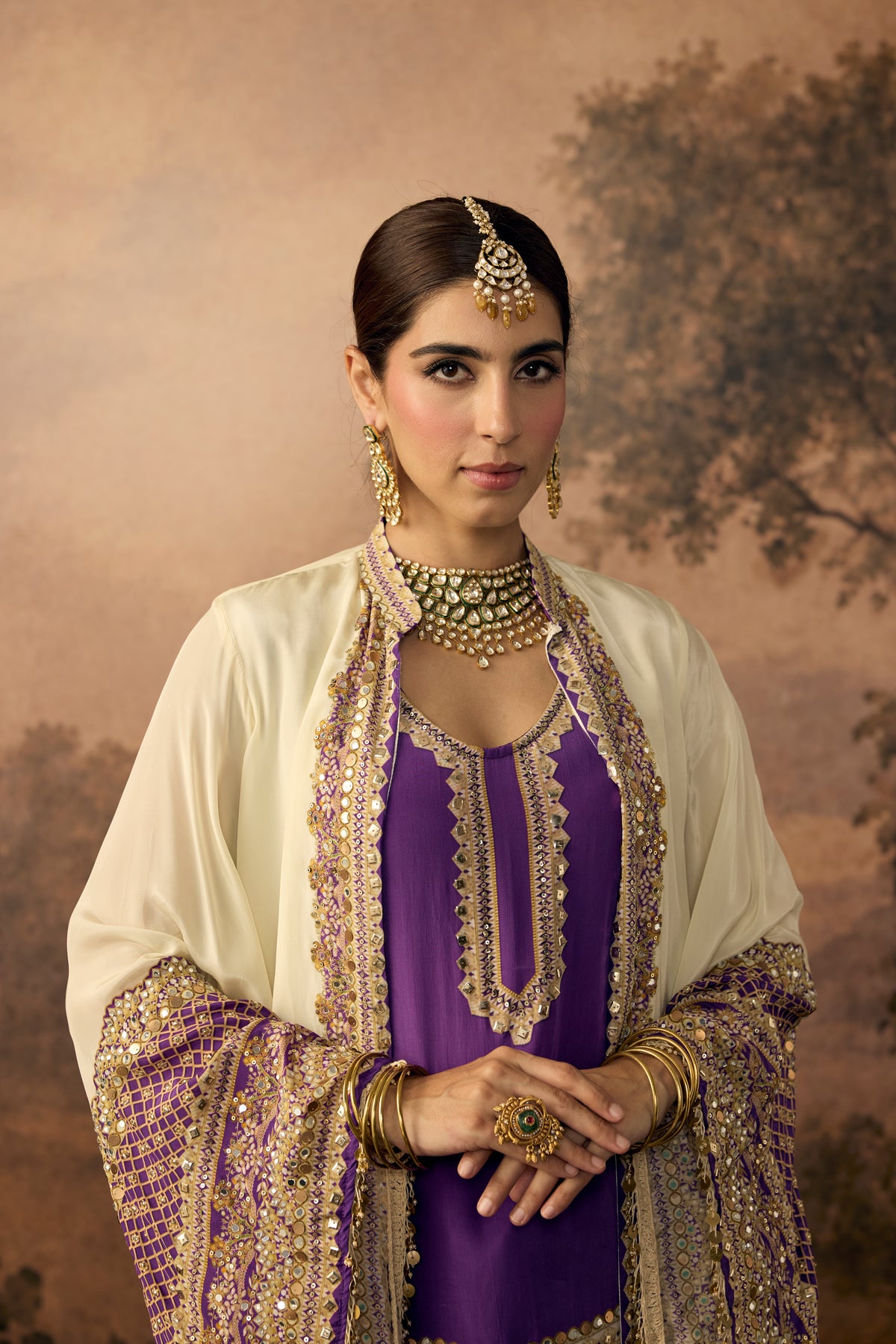 Ivory Violet Embellished Crepe Silk Palazzo Set