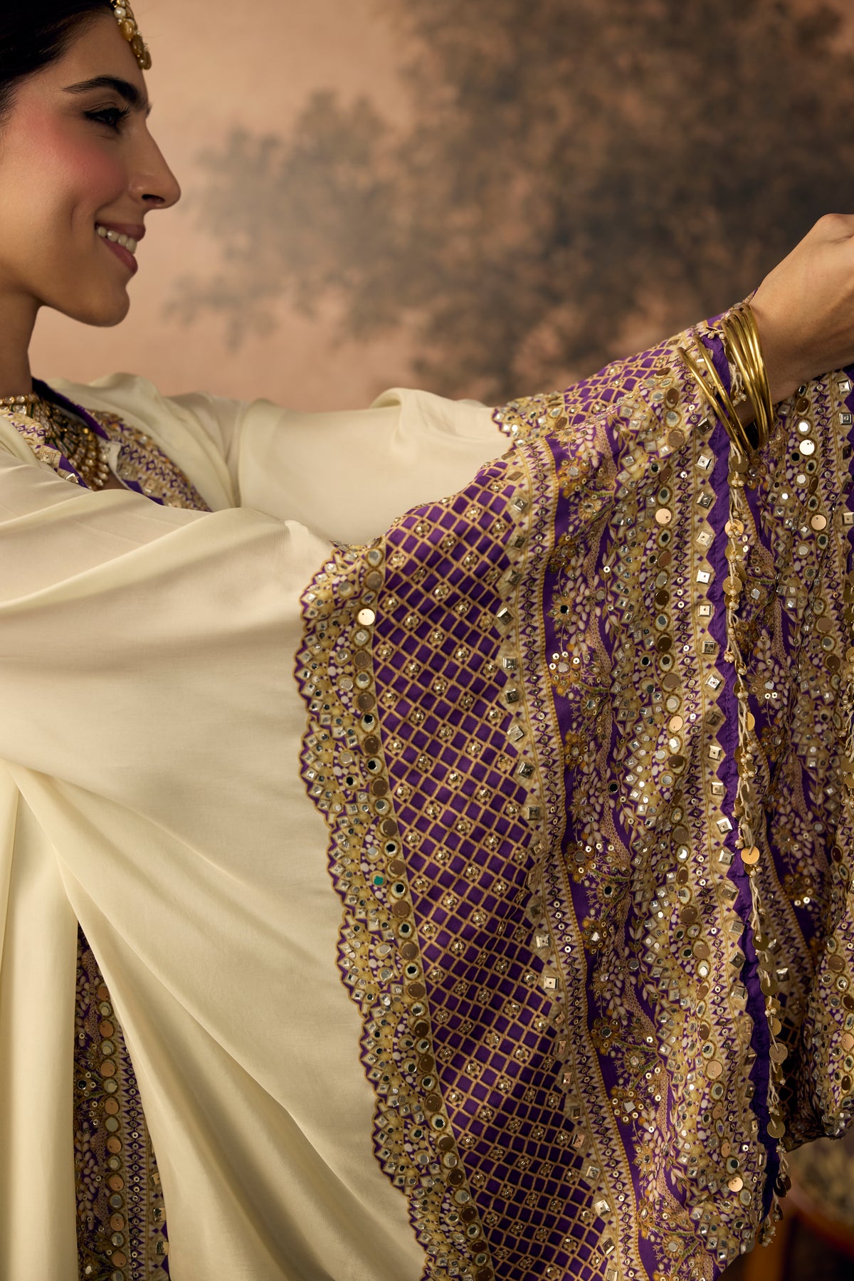 Ivory Violet Embellished Crepe Silk Palazzo Set