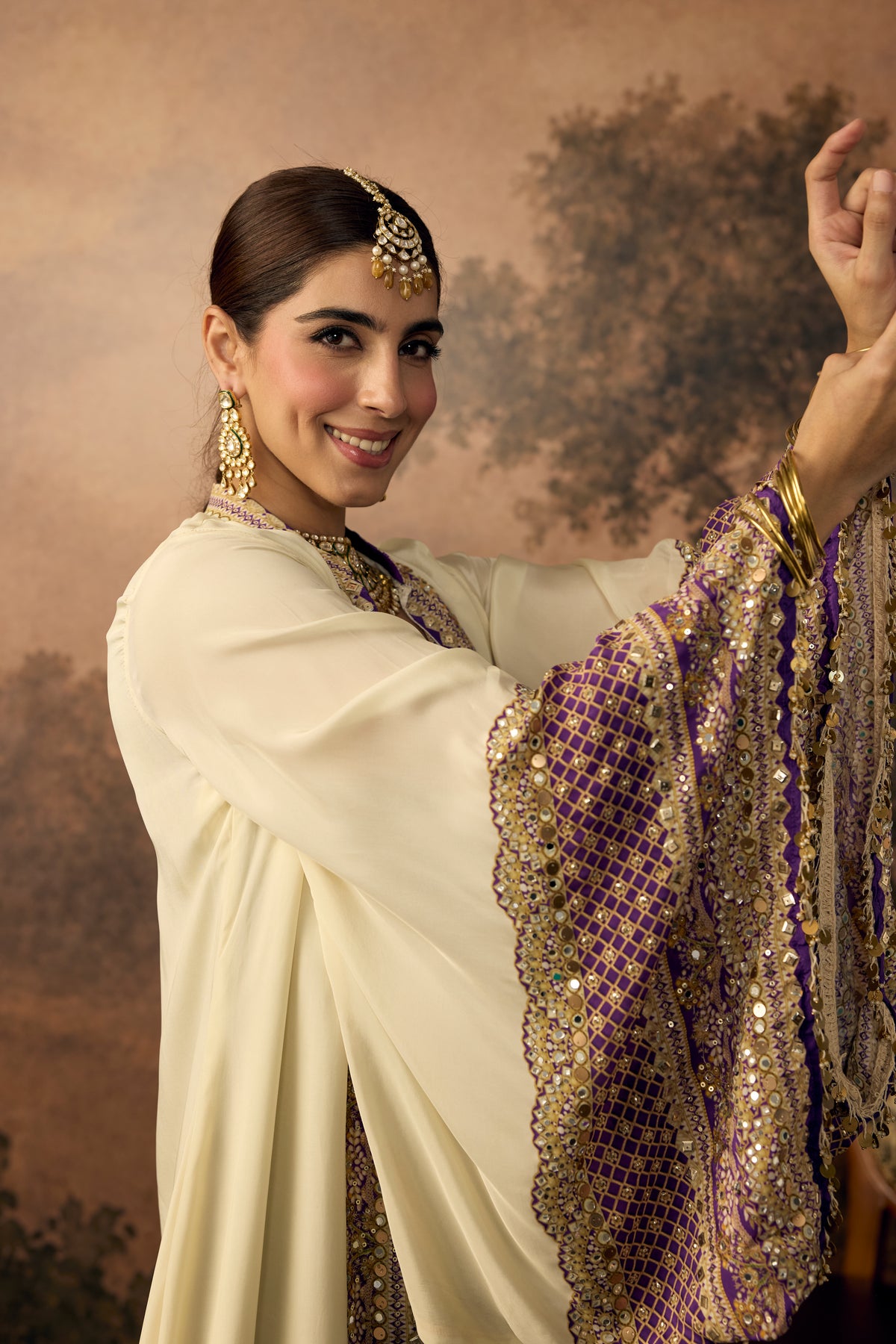 Ivory Violet Embellished Crepe Silk Palazzo Set