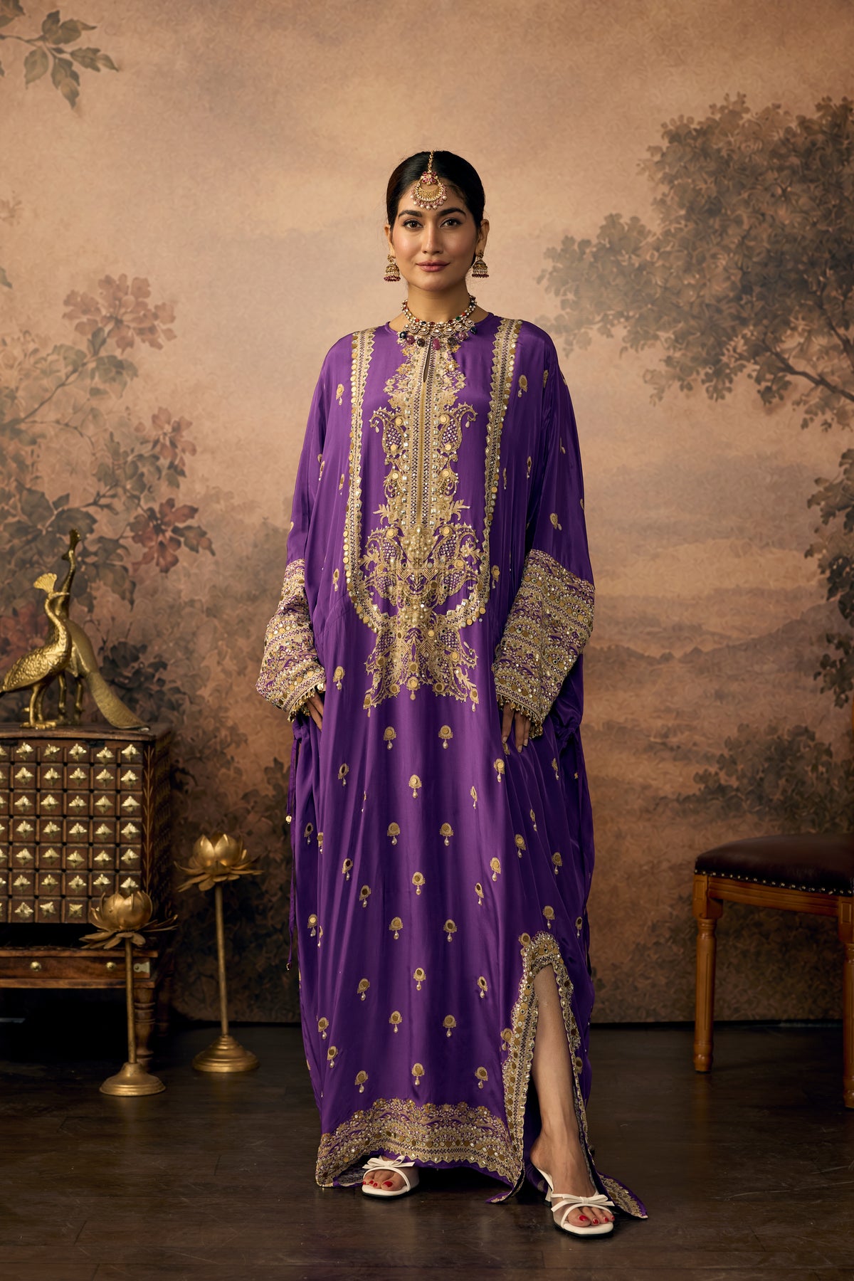 Royal Violet Embellished Crepe Silk Long Kaftan Dress