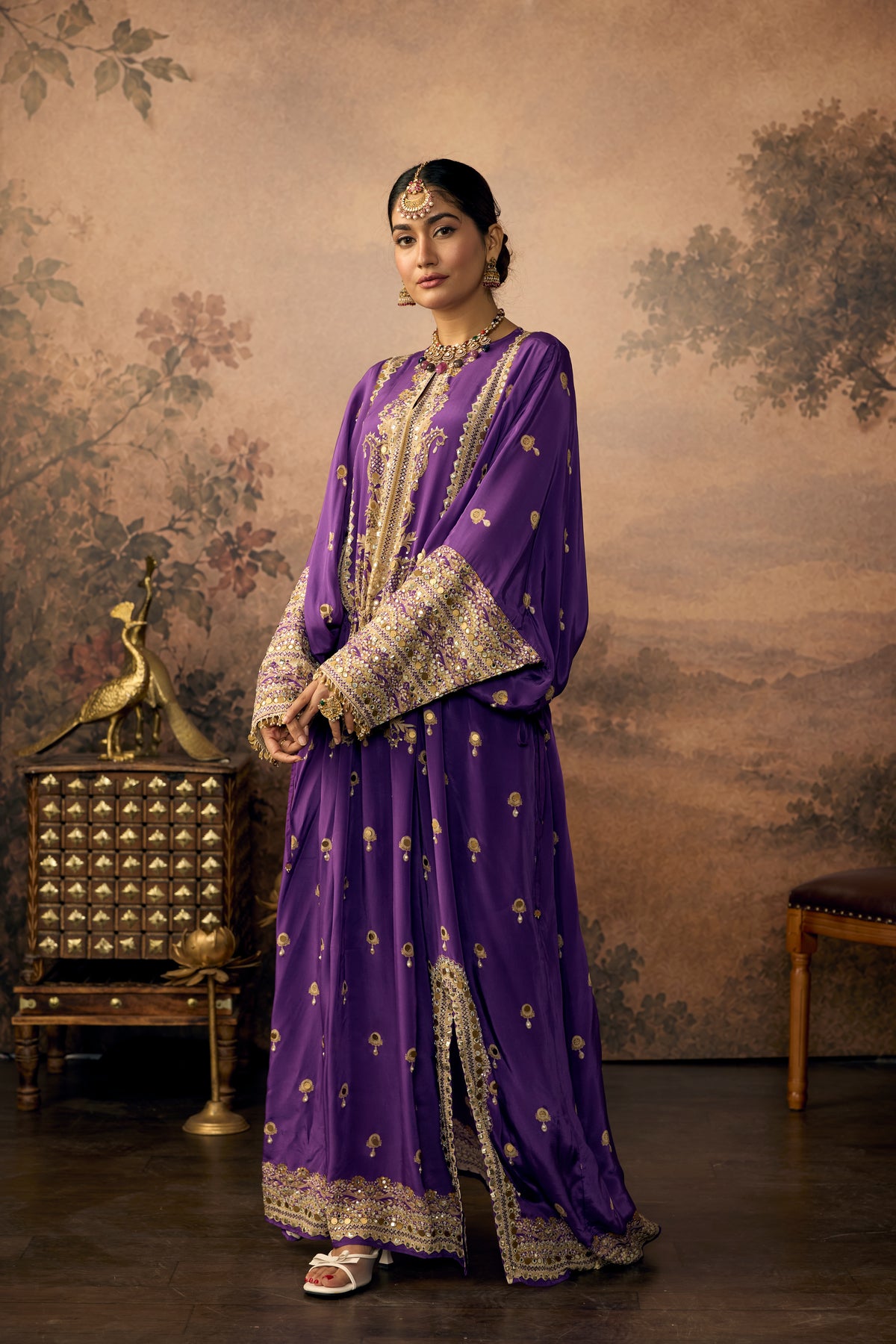 Royal Violet Embellished Crepe Silk Long Kaftan Dress