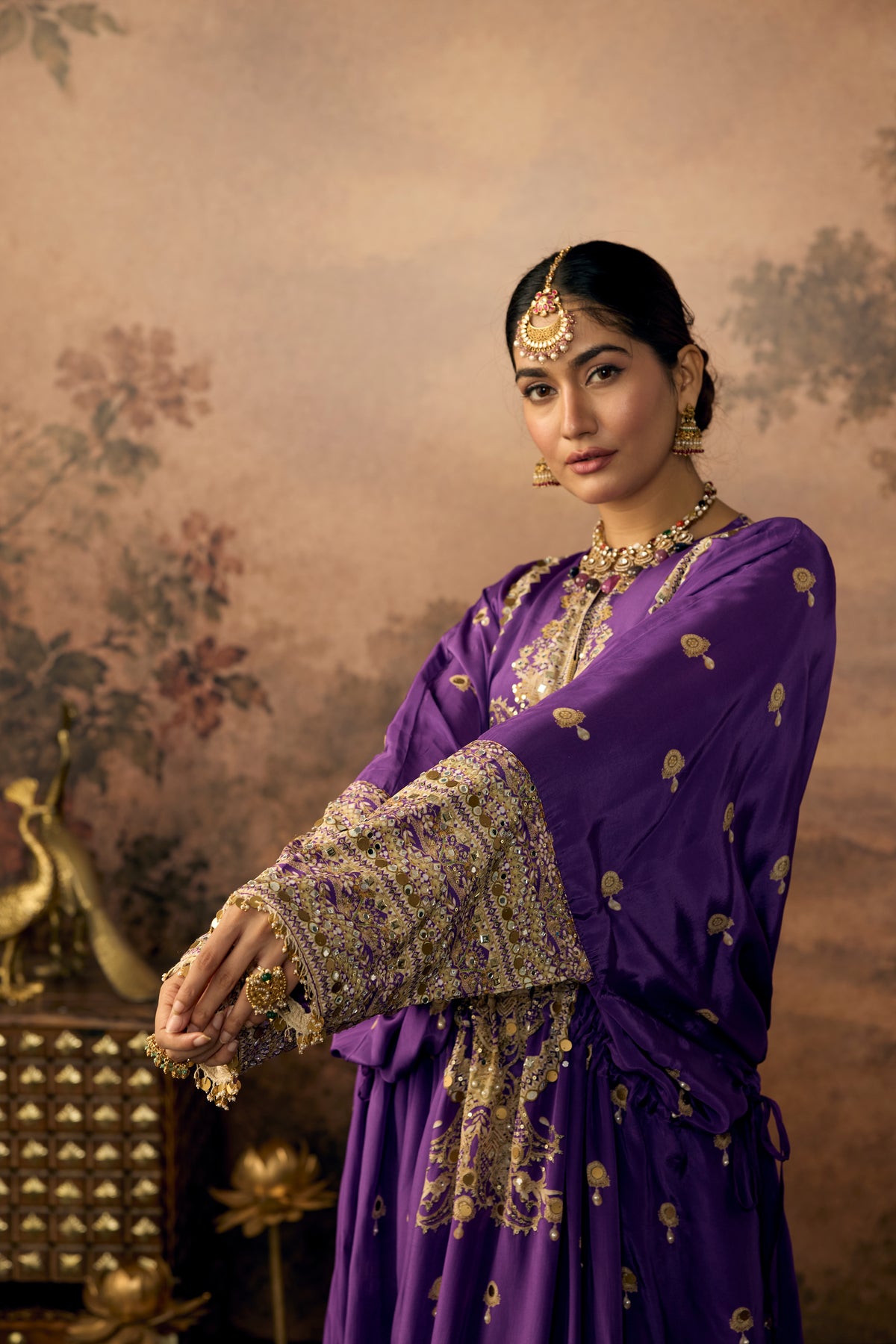 Royal Violet Embellished Crepe Silk Long Kaftan Dress