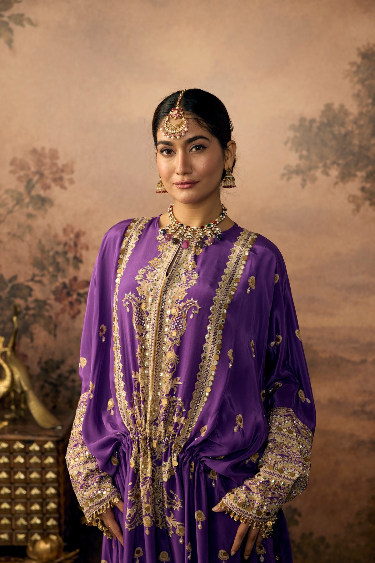 Royal Violet Embellished Crepe Silk Long Kaftan Dress