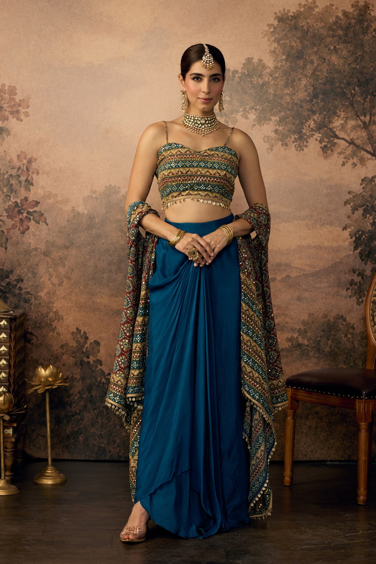 Peacock Blue Embellished Crepe Silk Skirt Set