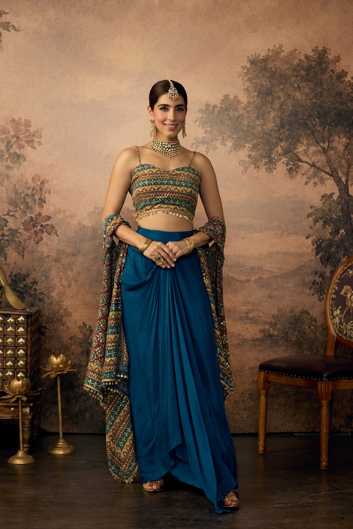 Peacock Blue Embellished Crepe Silk Skirt Set
