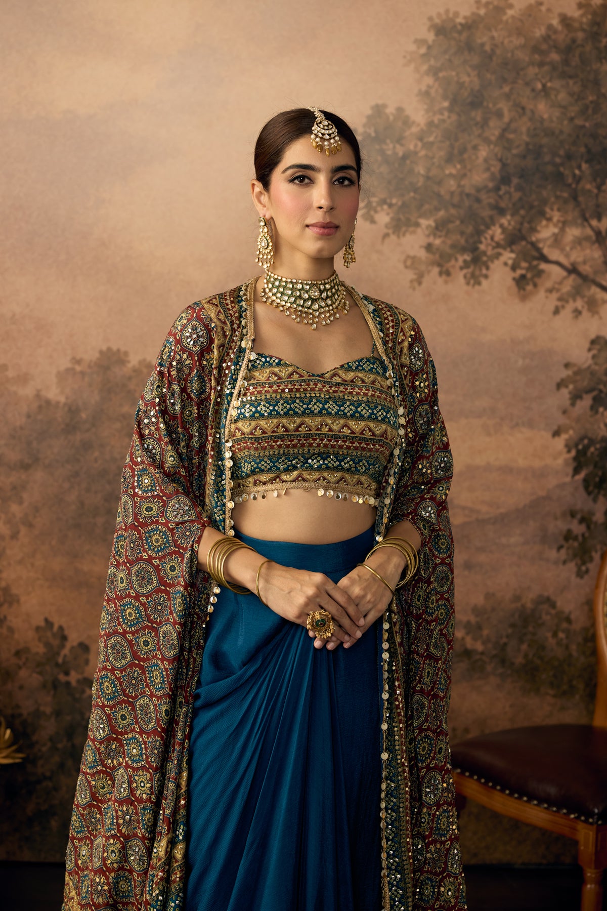 Peacock Blue Embellished Crepe Silk Skirt Set