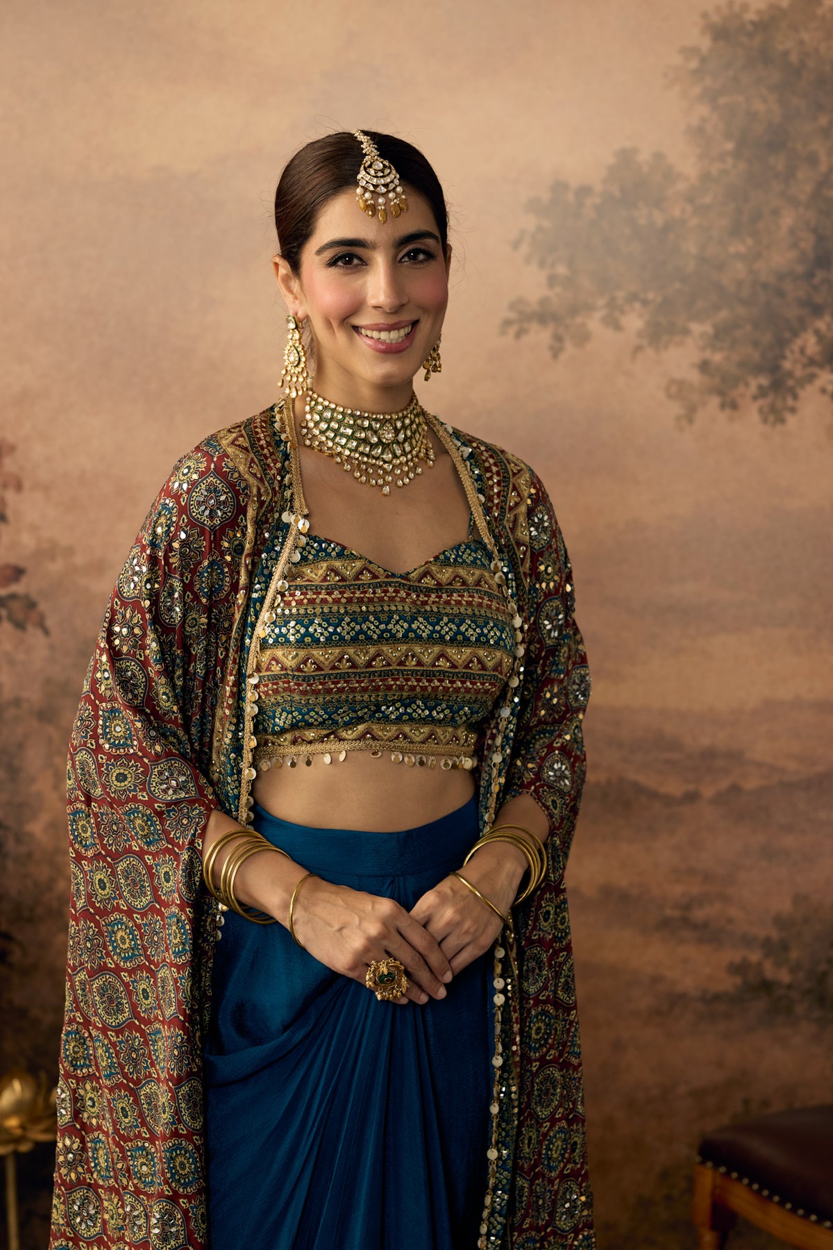 Peacock Blue Embellished Crepe Silk Skirt Set