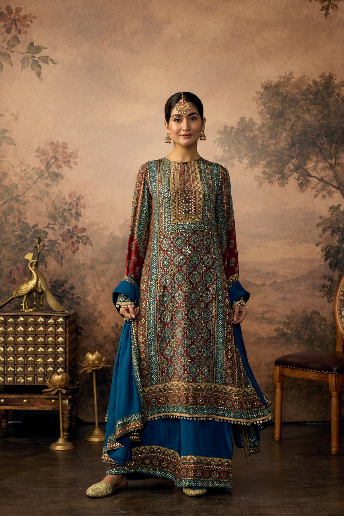 Peacock Teal Embellished Crepe Silk Pant Set