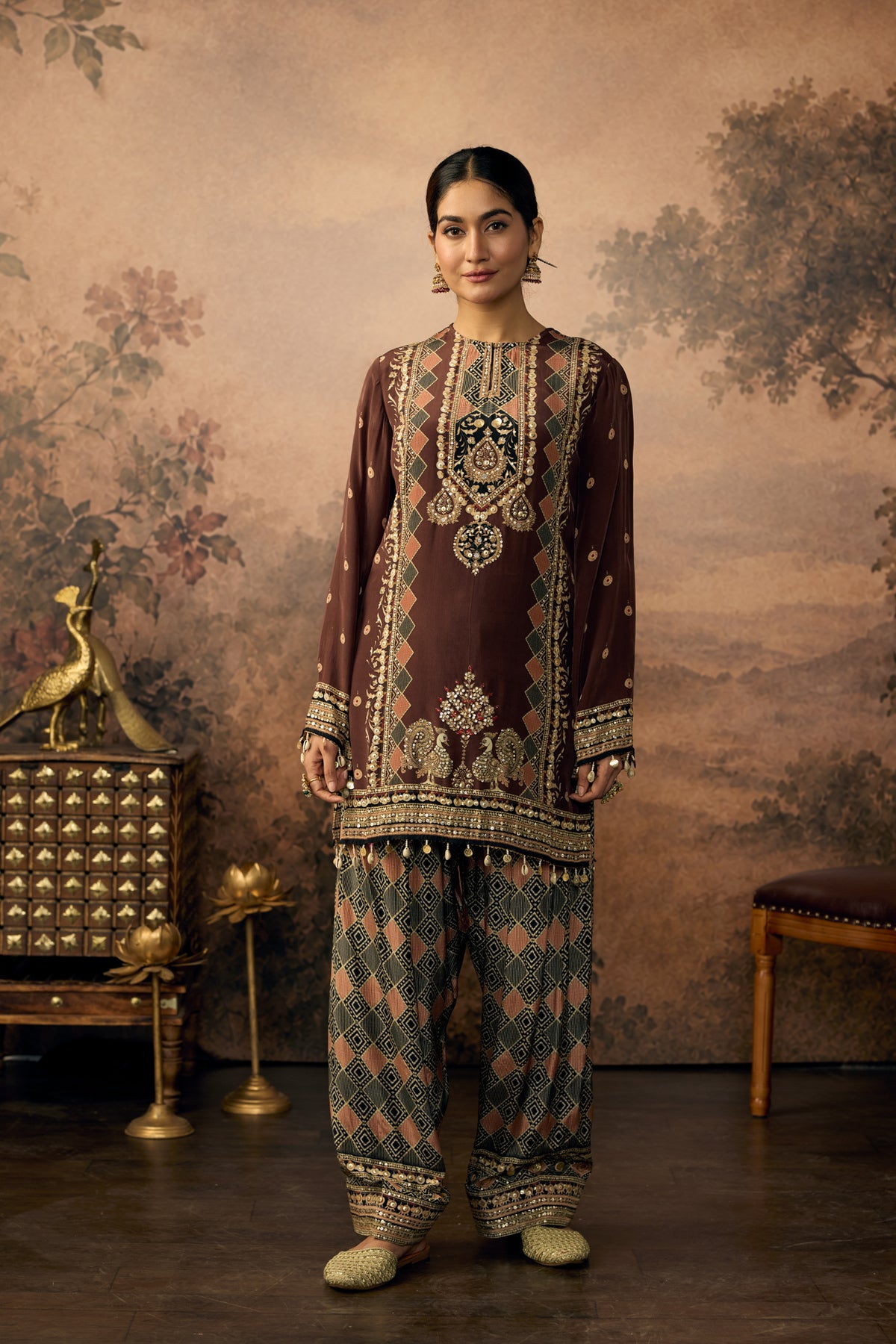 Rich Brown Embellished Crepe Silk Salwar Set