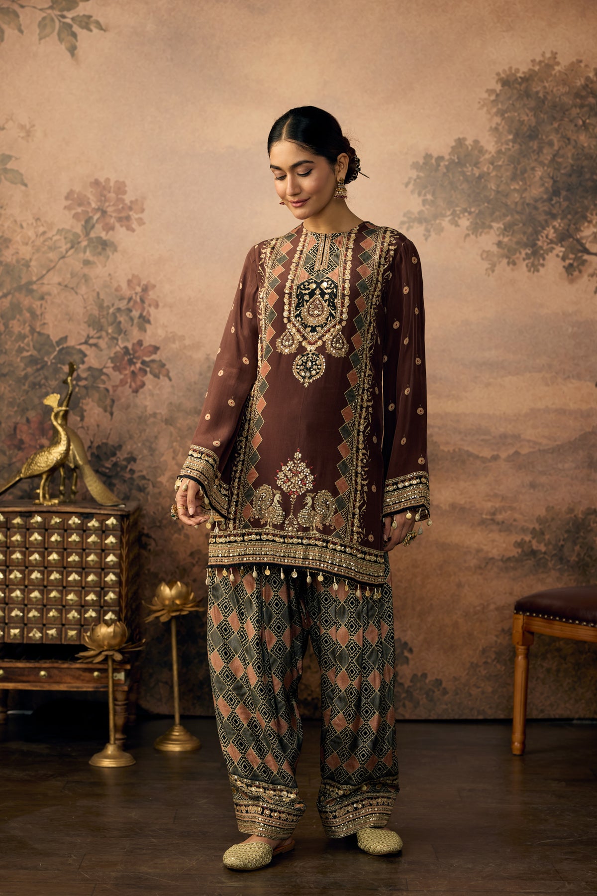 Rich Brown Embellished Crepe Silk Salwar Set