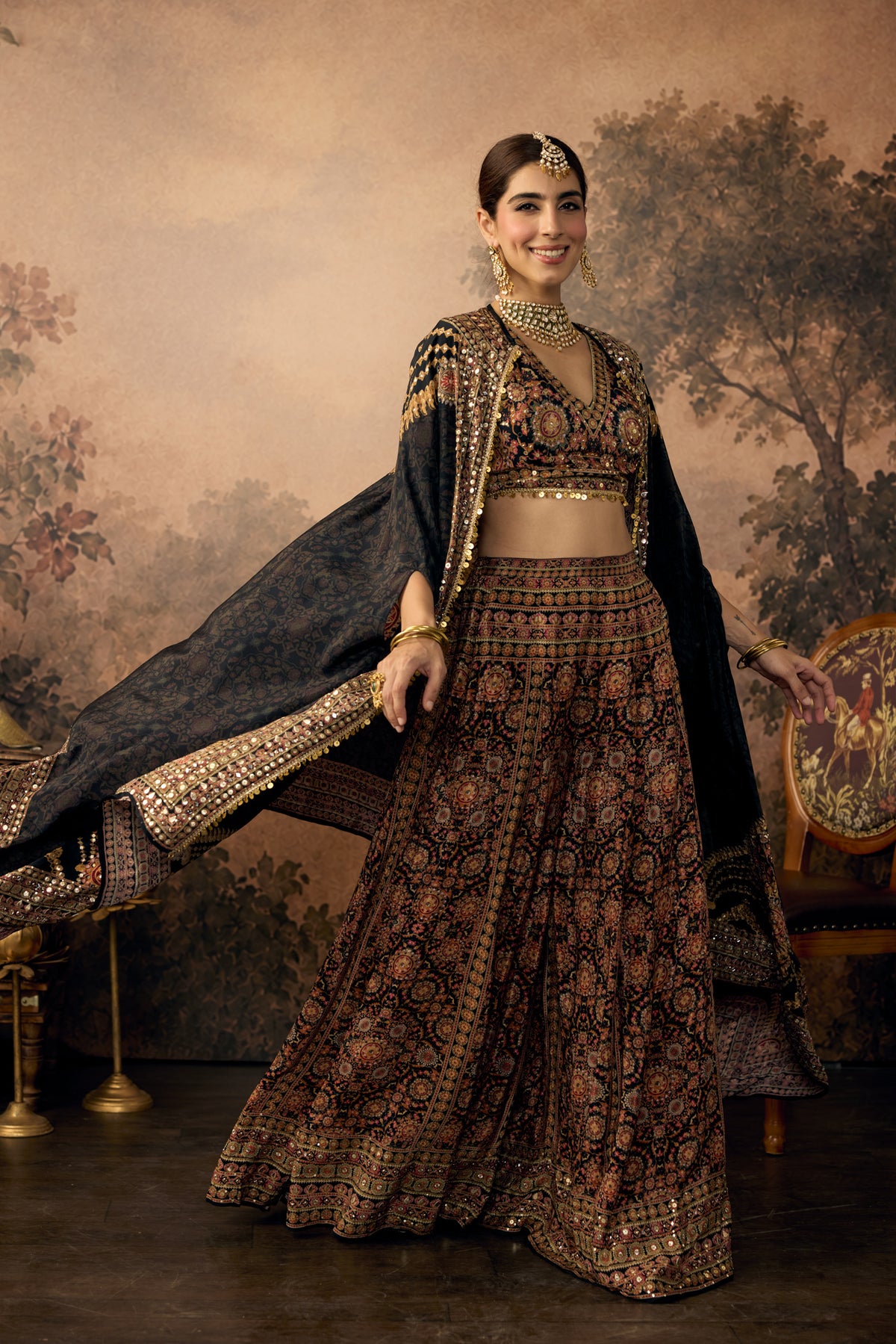 Deep Black Embellished Crepe Silk Palazzo Set